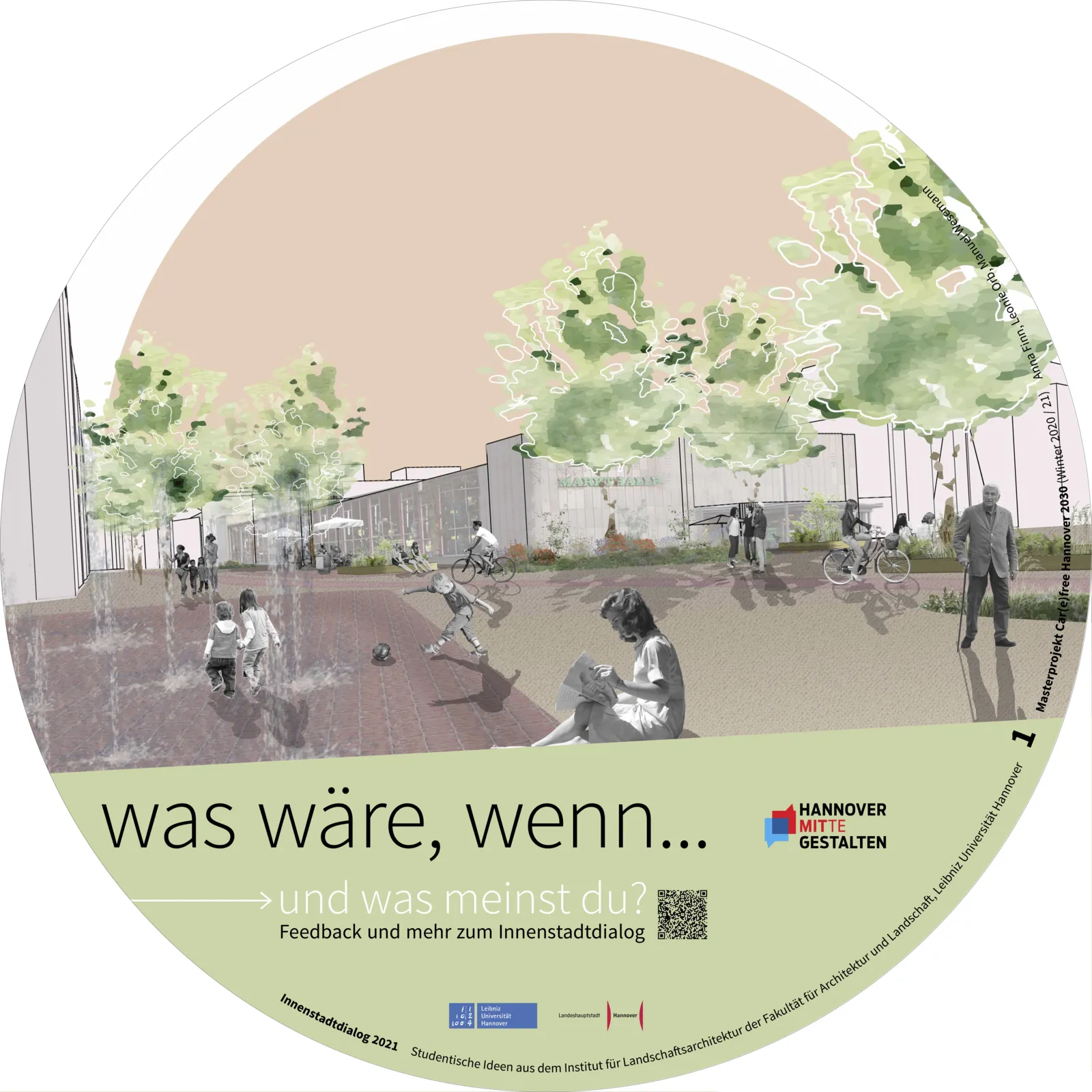 Visualisierung, die Menschen auf einem Platz vor einer Halle zeigt.